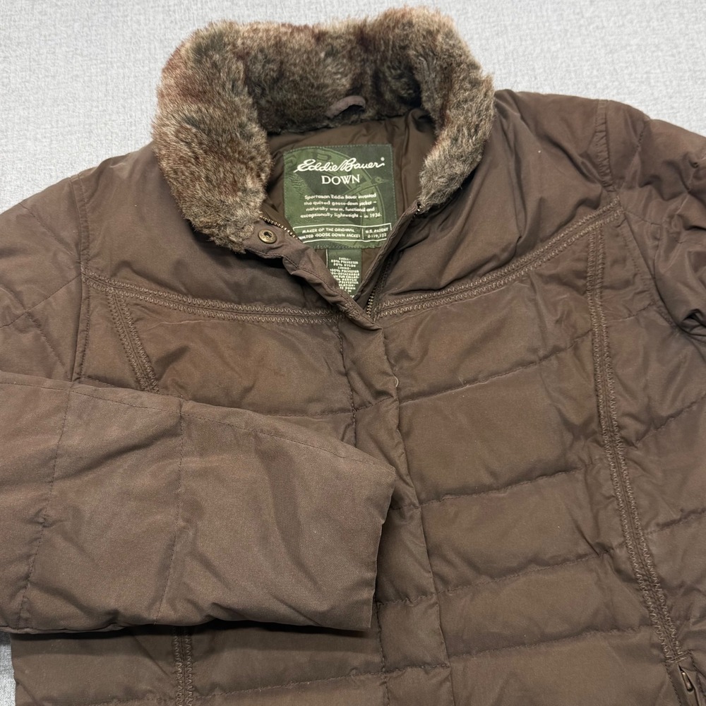 Eddie Bauer Down Puffer Jacket Womens M Brown Faux Fur Collar Goose Down Coat